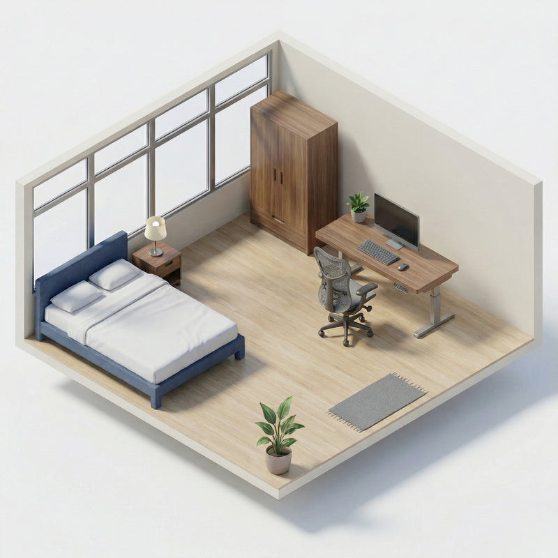 home office space with sit stand desk and ergonomic chair next to bed